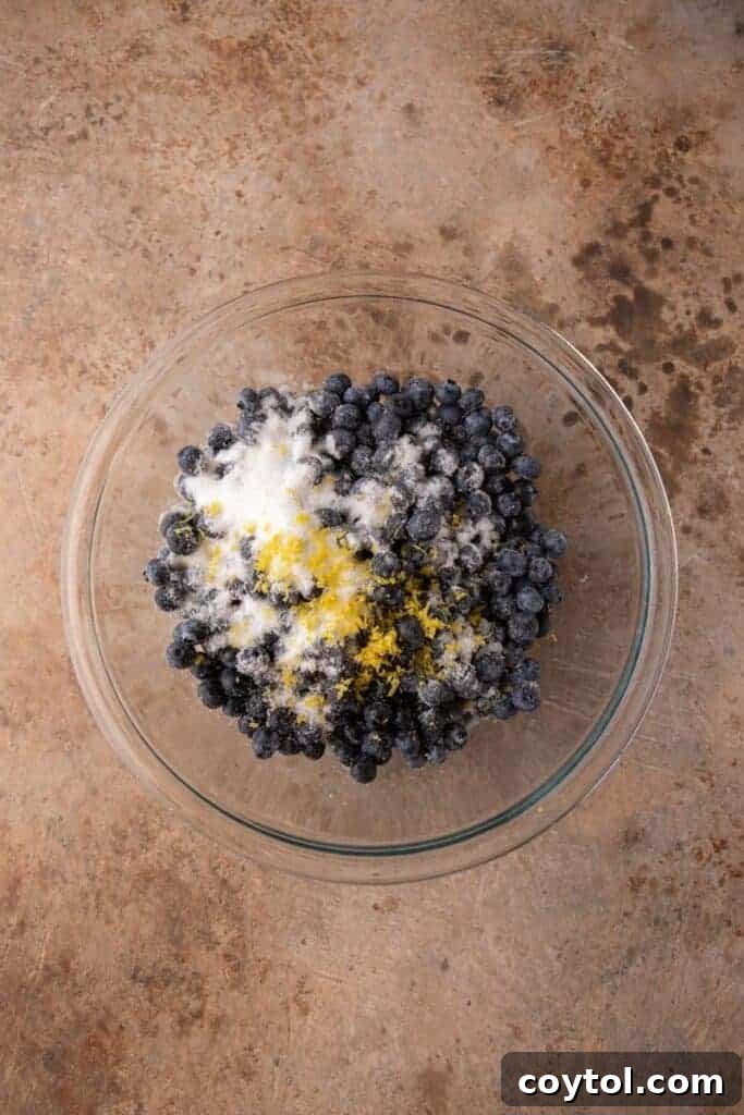 Indulge in Homemade Blueberry Cobbler Perfection 5 Fresh blueberries in a mixing bowl, ready for preparation.