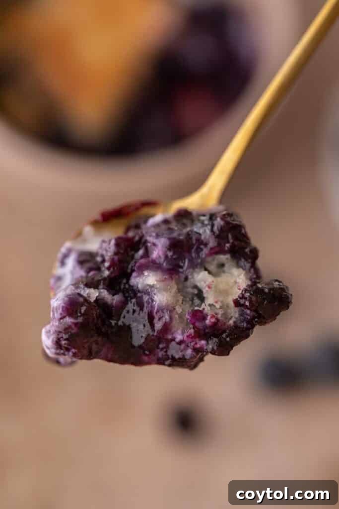 Indulge in Homemade Blueberry Cobbler Perfection 10 A spoonful of warm blueberry cobbler, showcasing the tender crust and juicy fruit, ready to be eaten.