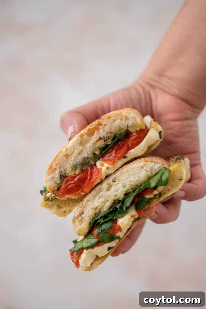 Starbucks-Inspired Roasted Tomato Mozzarella Panini 12 Hand holding sandwich cut in half