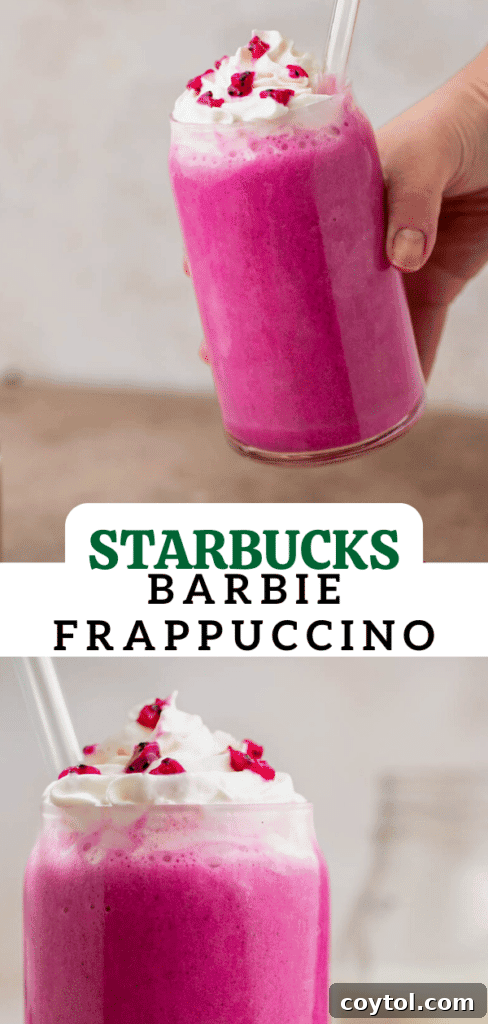 Stunning Starbucks Barbie frappuccino served in a tall glass, garnished with whipped cream and dragon fruit, ready for enjoyment