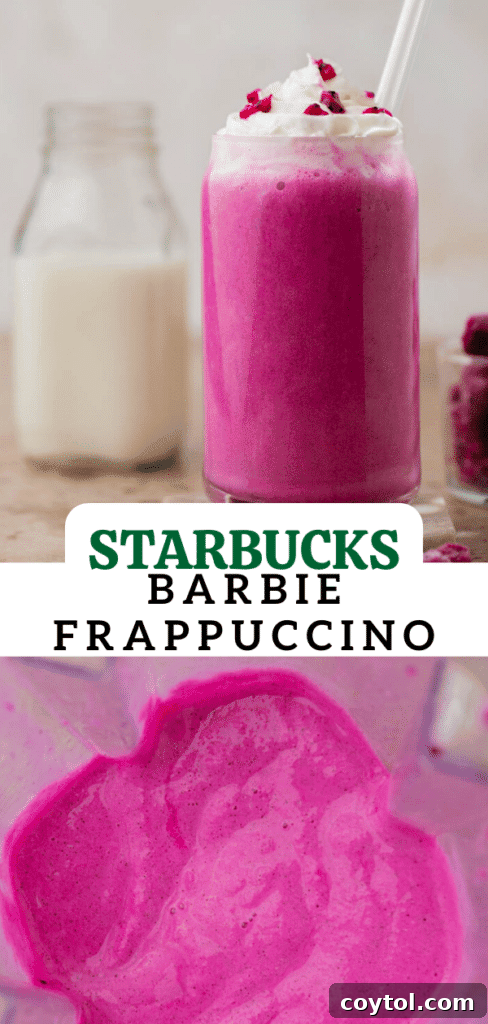Another perspective of the vibrant Starbucks Barbie frappuccino, showcasing its creamy texture and appealing pink hue