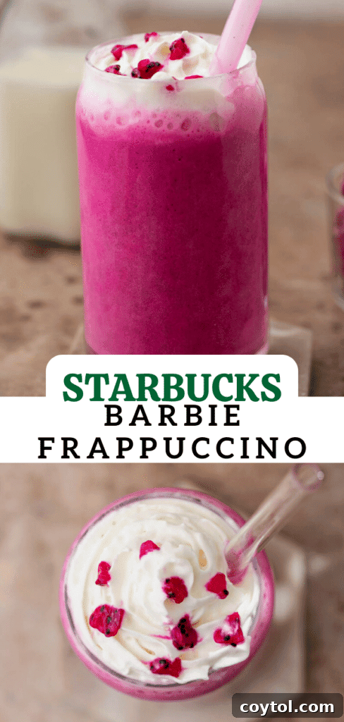 A close-up of the delightful Starbucks Barbie frappuccino, highlighting the fresh dragon fruit pieces on top
