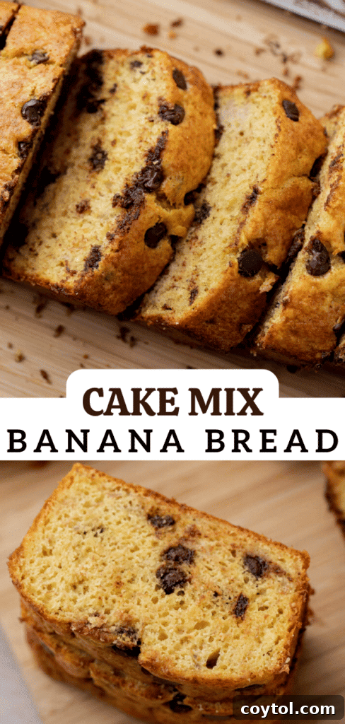 A beautifully baked cake mix banana bread loaf with chocolate chips, perfect for pinning on Pinterest.