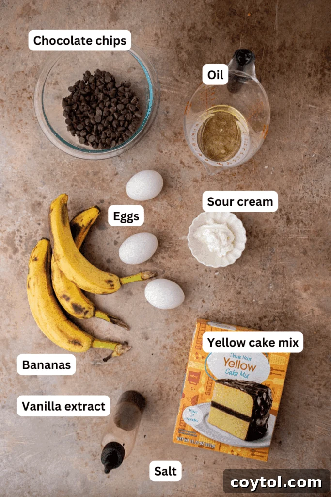 Fresh bananas and baking ingredients arranged on a kitchen counter, ready for making banana bread.
