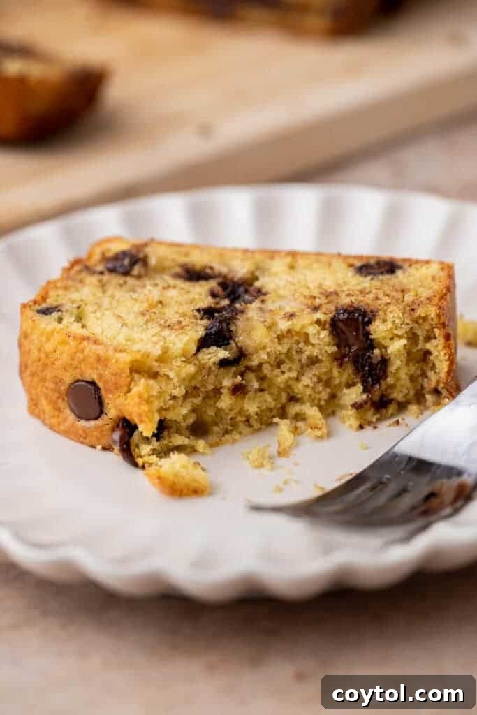 A slice of cake mix banana bread with chocolate chips on a white plate, ready to be enjoyed.