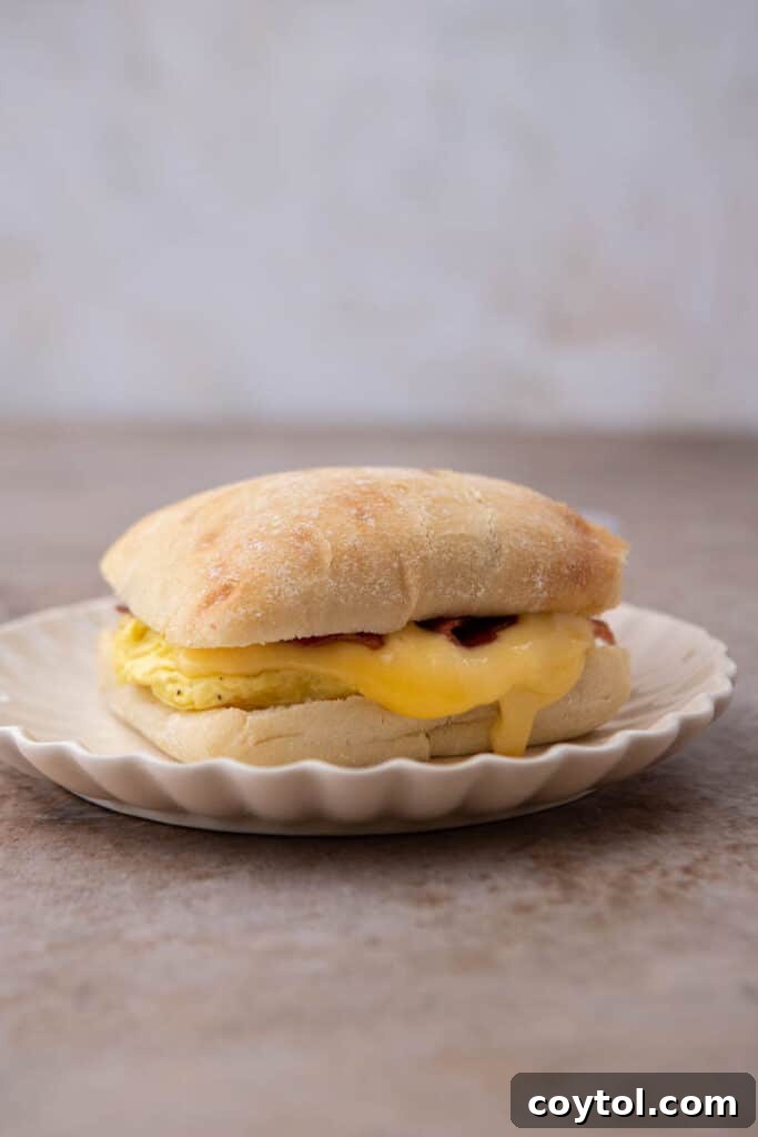 Gouda bacon egg sandiwch on a plate