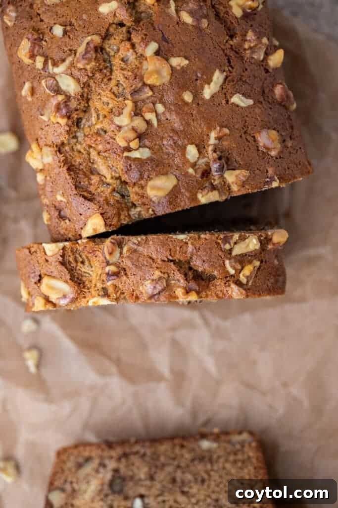 Overhead shot of sliced banana bread