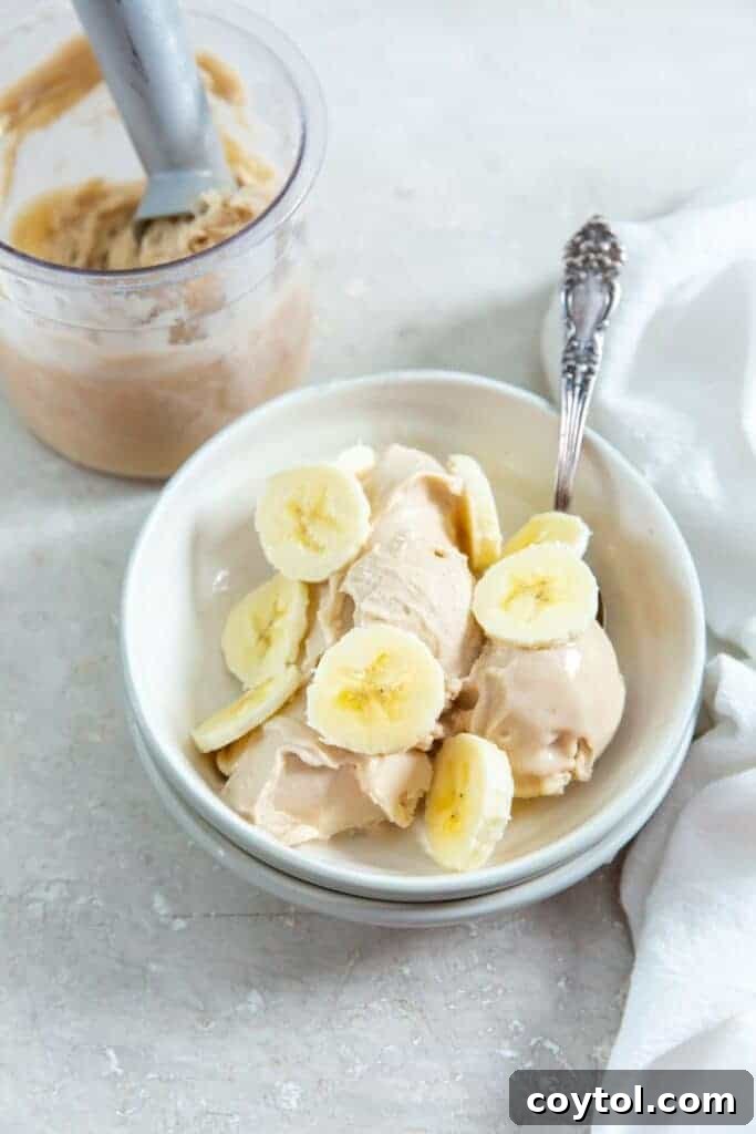 A perfectly scooped banana Ninja Creami ice cream, looking creamy and delicious, suggesting a simple yet satisfying recipe.