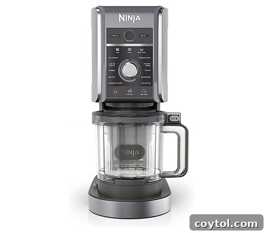 The sleek design of the Ninja Creami Deluxe machine, highlighting its modern aesthetics and compact size.