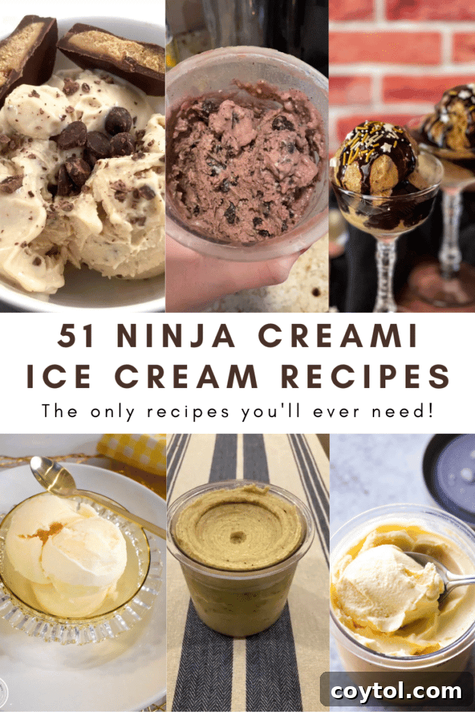 A Pinterest-friendly graphic featuring a delicious Ninja Creami ice cream, encouraging users to save the recipe collection.