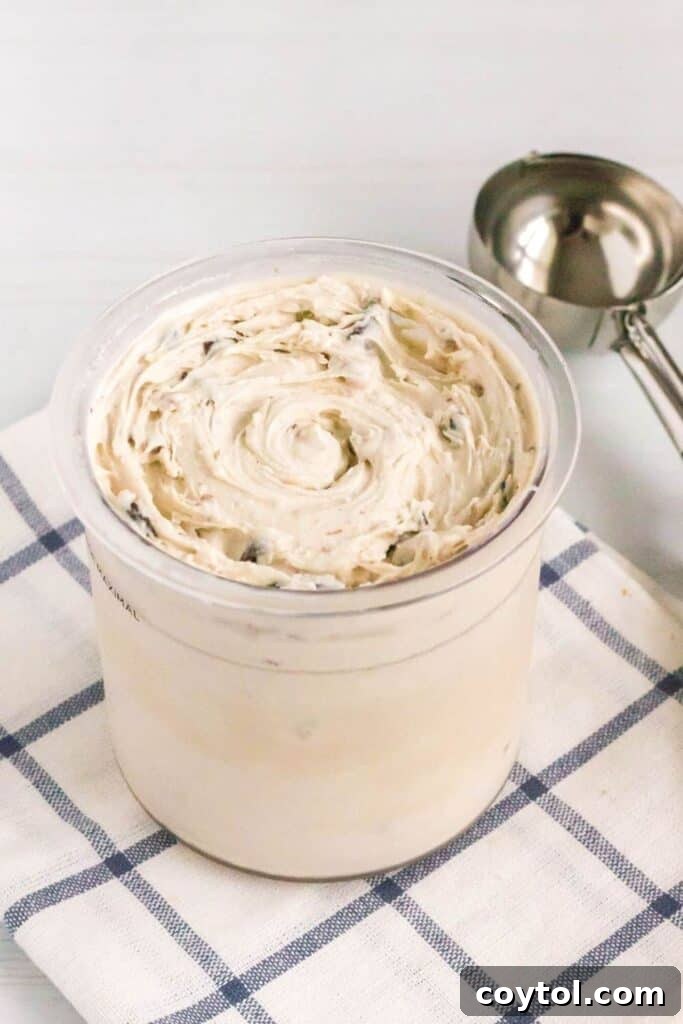 A close-up of delicious chunky monkey ice cream made in the Ninja Creami, showing banana and chocolate chunks.