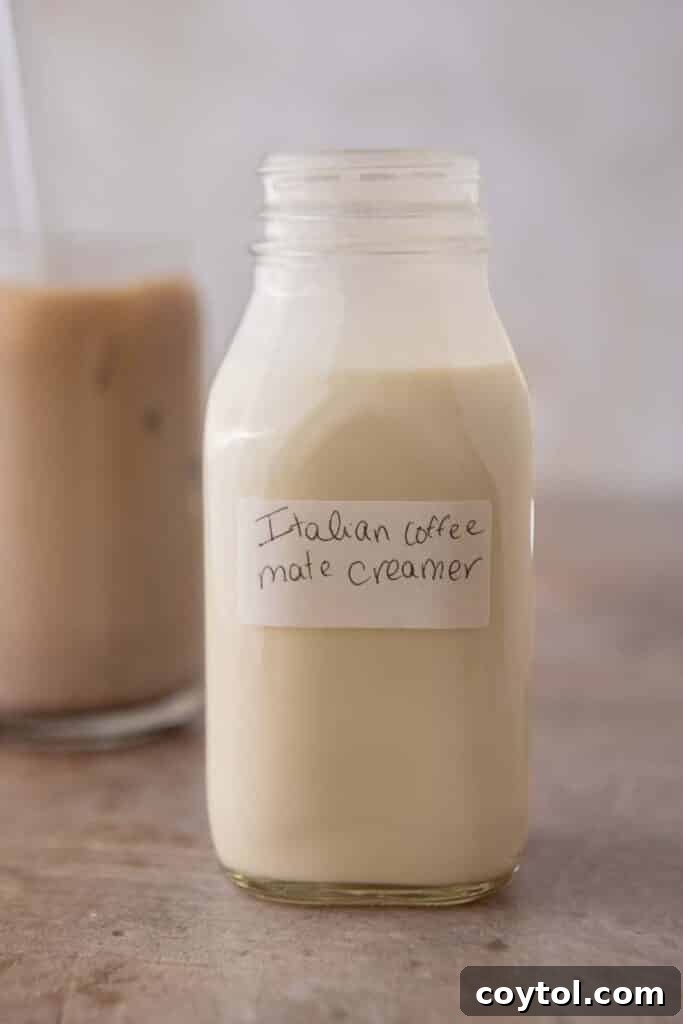 Copycat Coffee Mate Italian Sweet Cream Recipe 2 Homemade Coffee-mate Italian Sweet Cream creamer in a glass jar
