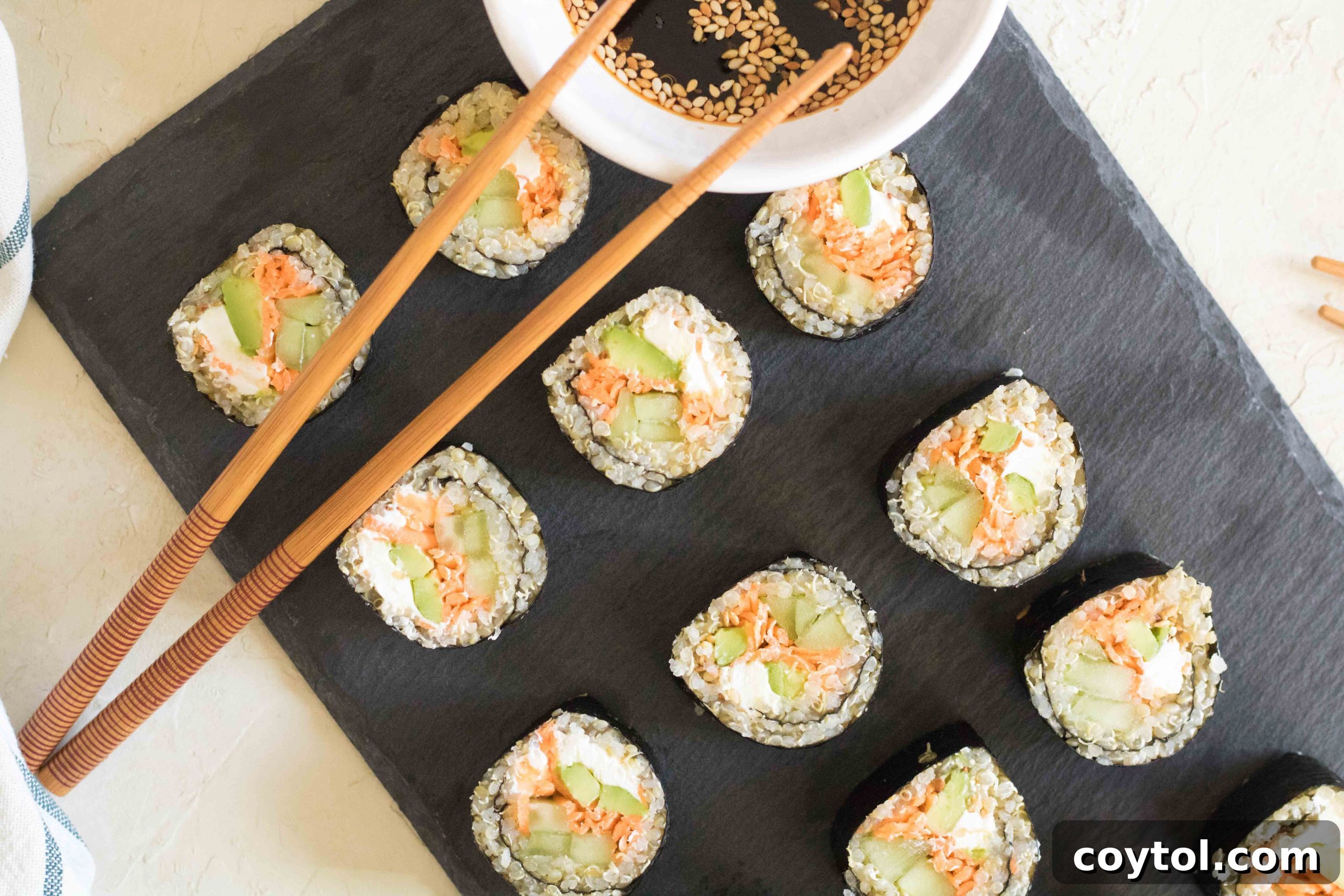 Crafting Vibrant Veggie Quinoa Sushi 18 Close-up of freshly made vegetable quinoa sushi rolls, ready to be enjoyed.