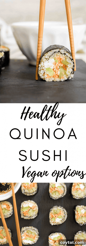 Crafting Vibrant Veggie Quinoa Sushi 27 Pinterest pin for quinoa sushi recipe, featuring a vertical image of the sushi.