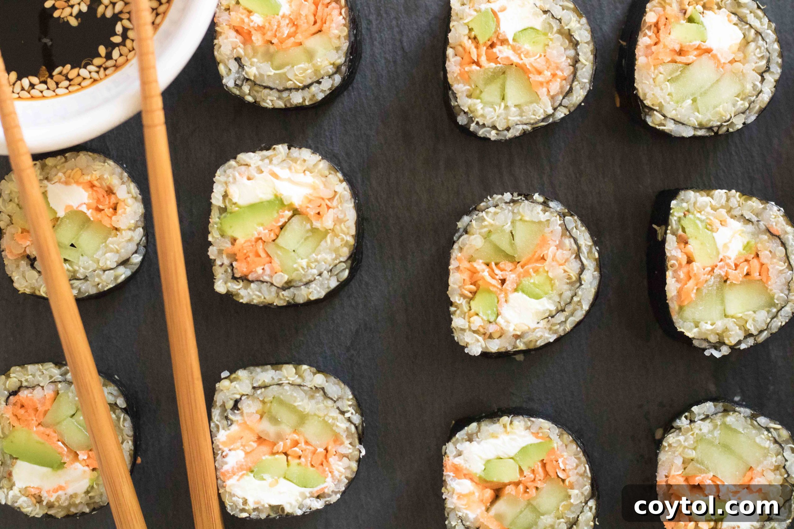 Crafting Vibrant Veggie Quinoa Sushi 4 Freshly prepared vegetable quinoa sushi rolls, a healthy and colorful meal option.