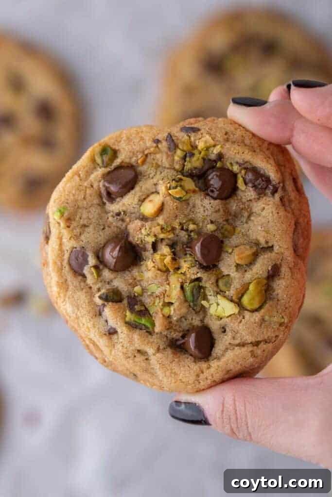 Decadent Brown Butter Pistachio Chocolate Chip Cookies 12 A hand holding a perfectly baked brown butter pistachio chocolate chip cookie, ready to be enjoyed.