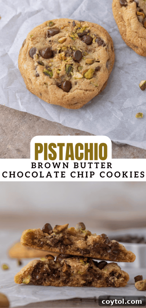 Decadent Brown Butter Pistachio Chocolate Chip Cookies 14 Close-up of a stack of brown butter pistachio chocolate chip cookies, perfect for pinning on Pinterest.