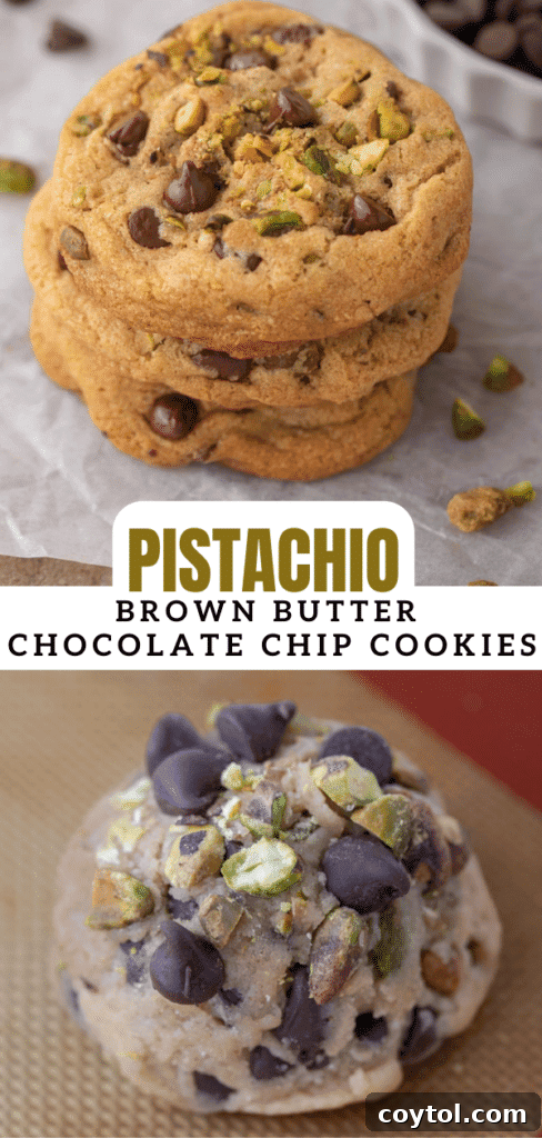 Decadent Brown Butter Pistachio Chocolate Chip Cookies 15 Overhead shot of two brown butter pistachio chocolate chip cookies, one whole and one with a bite taken out, ideal for social sharing.