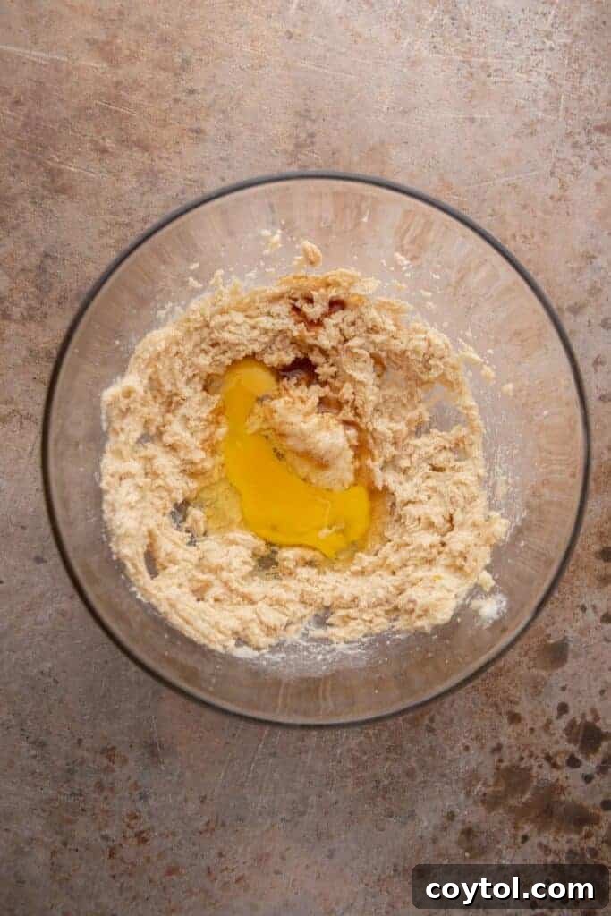 Creamed butter and sugar with egg added for cookie dough, showing a smooth, light mixture