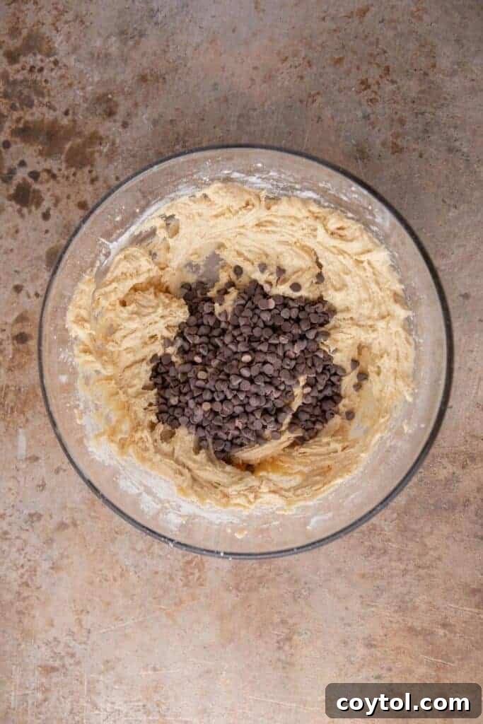 Mini chocolate chips being added to the soft sugar cookie dough in a mixing bowl