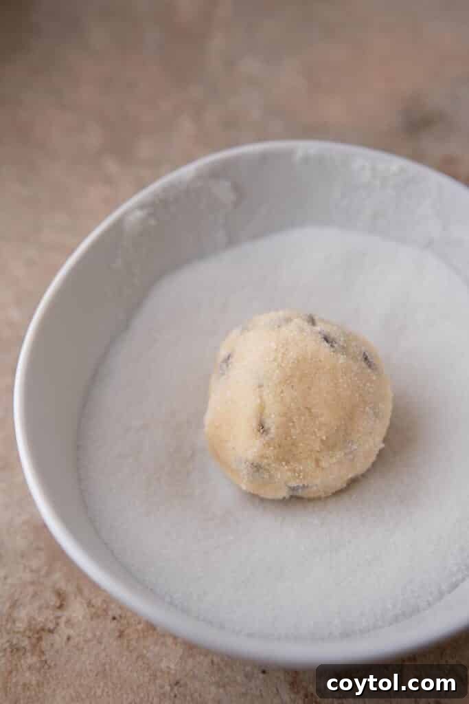 Cookie dough ball rolled in granulated sugar for a sparkly finish