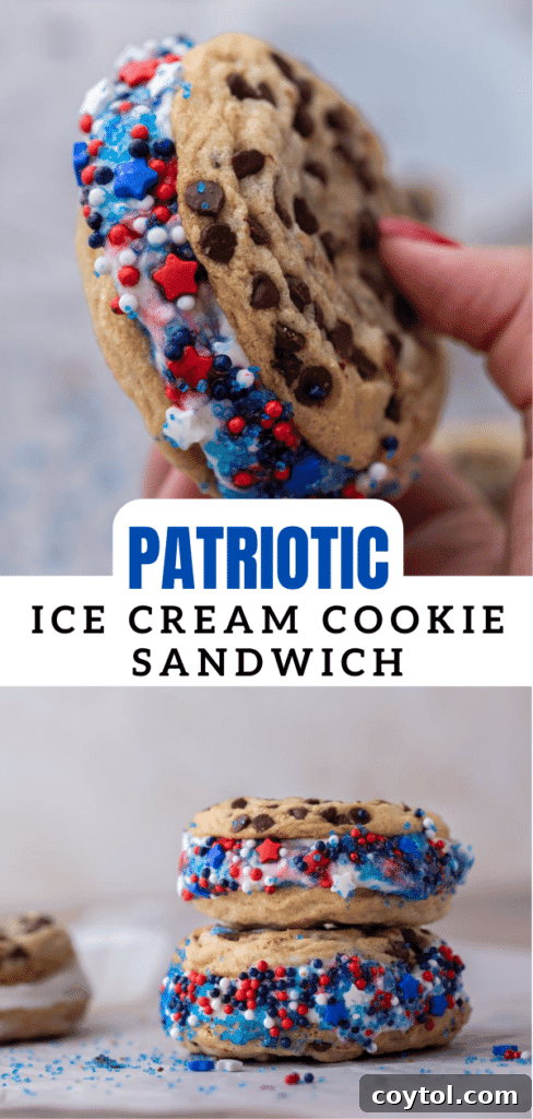Patriotic ice cream cookie sandwich with a spoon.