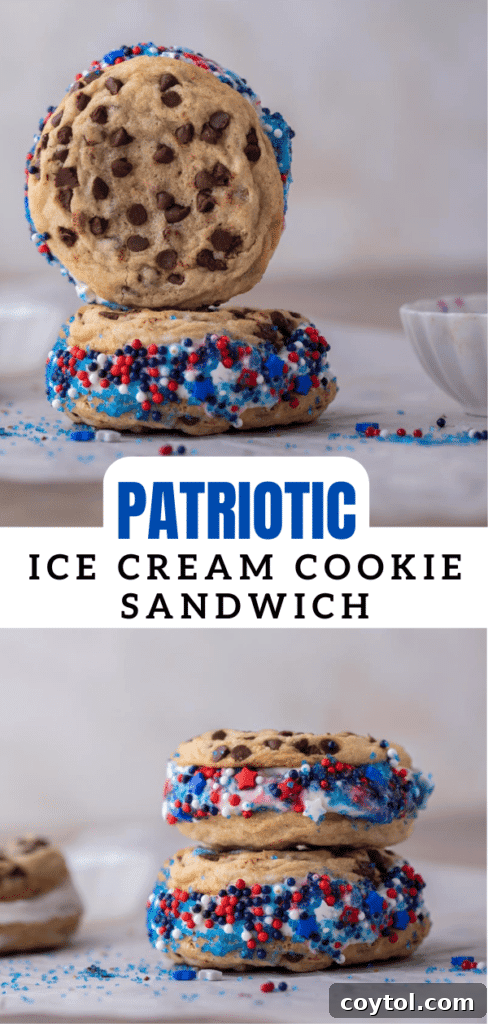 Stack of patriotic ice cream cookie sandwiches.