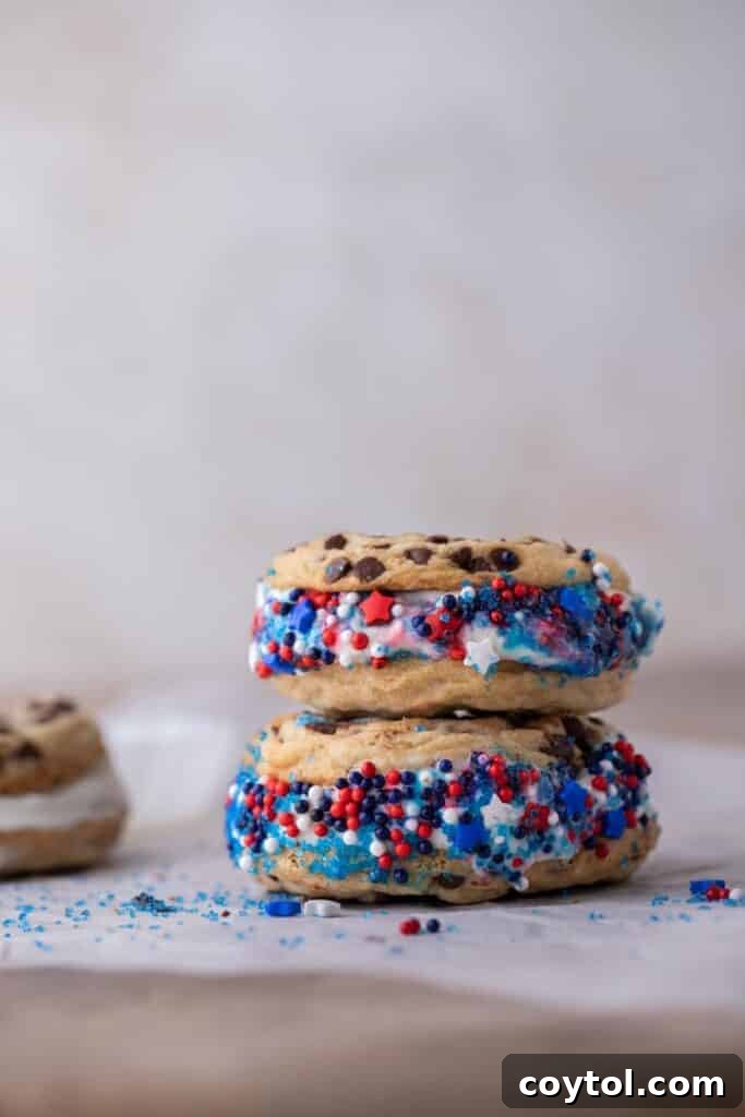 Patriotic ice cream sandwich being rolled in sprinkles.
