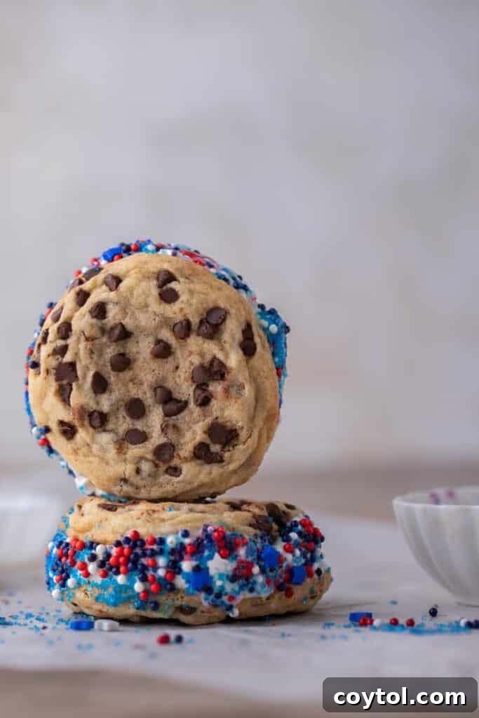 A patriotic ice cream sandwich cut in half, revealing the ice cream filling and colorful sprinkles on the side.