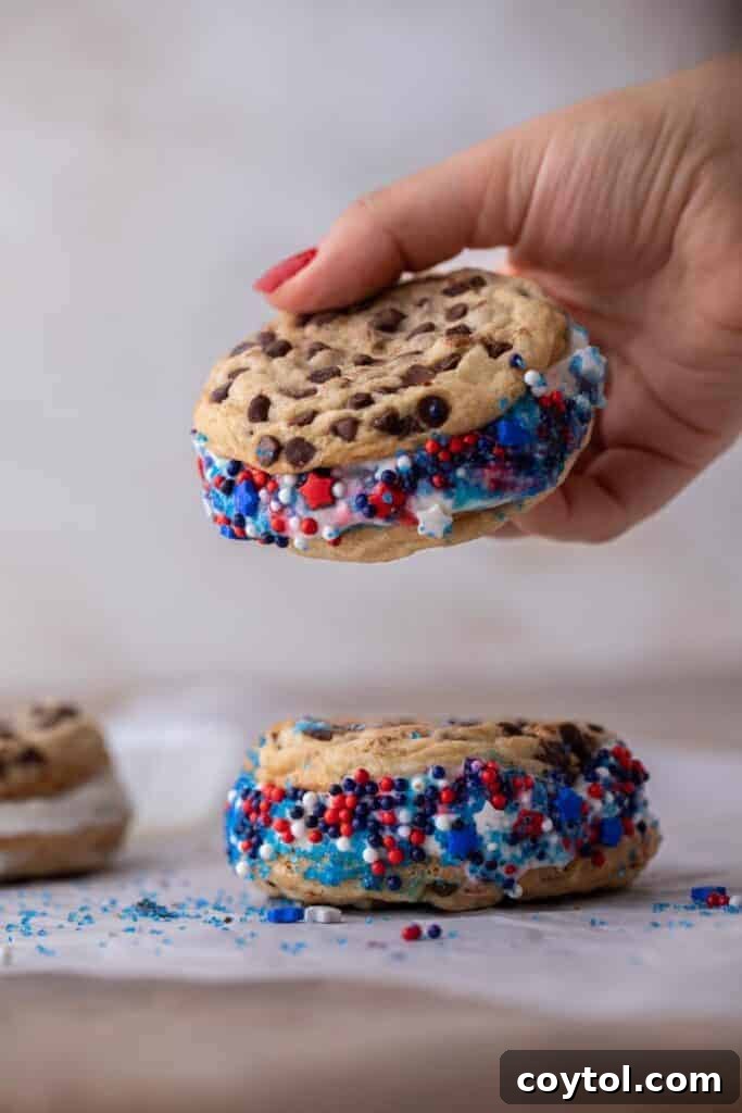 A hand holding a patriotic ice cream sandwich with a bite taken out, showing the ice cream and cookie.