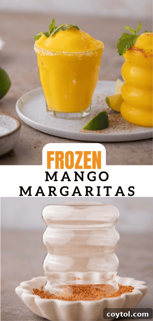 A refreshing frozen mango margarita in a festive setting, ready to be pinned.