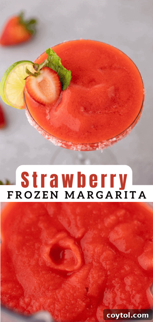 Another enticing shot of a strawberry frozen margarita, emphasizing its smooth texture.