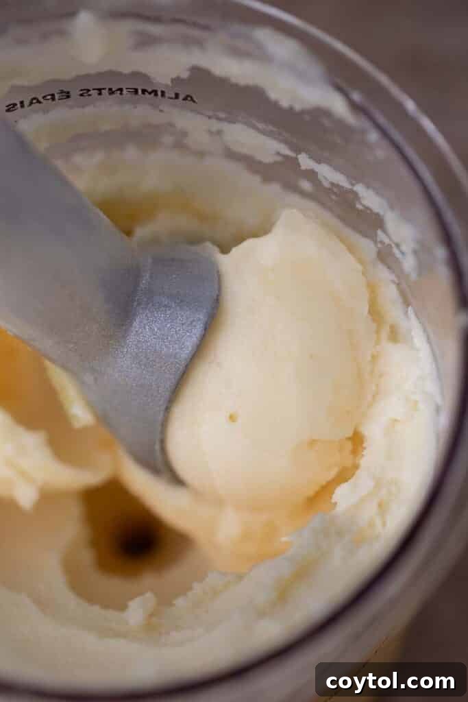 Scooping Ninja Creami Pineapple Sorbet into a serving bowl