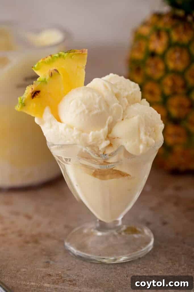 Ninja Creami Pineapple Sorbet served in a elegant glass dish
