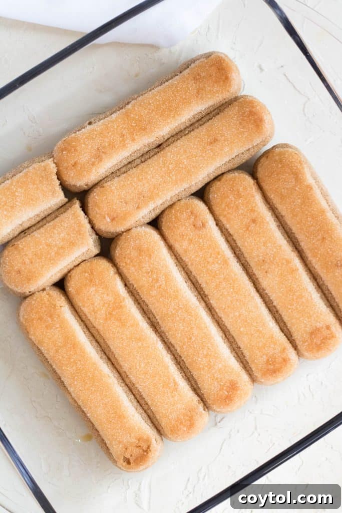 Layer of coffee-soaked ladyfingers in baking dish