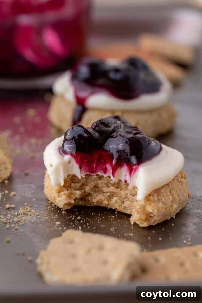 ini Crumbl blueberry cheesecake cookies with a bite taken out of them