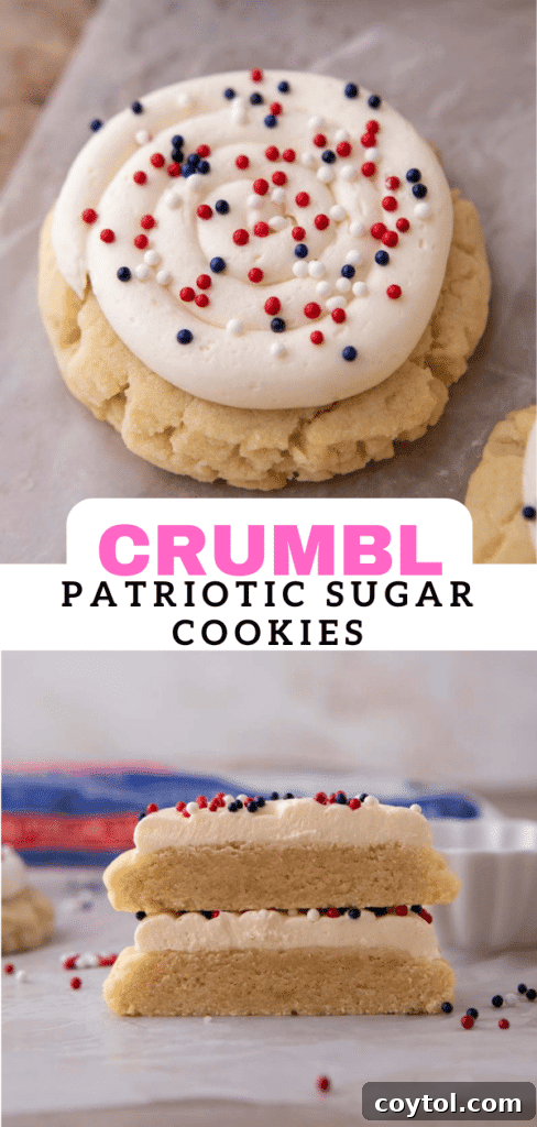 Crumbl All-American Birthday Cake Cookies 16 Vertical shot of several Crumbl patriotic sugar cookies with vibrant sprinkles