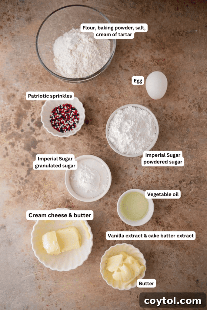 Crumbl All-American Birthday Cake Cookies 3 Ingredients for patriotic Crumbl cookies laid out on a kitchen counter