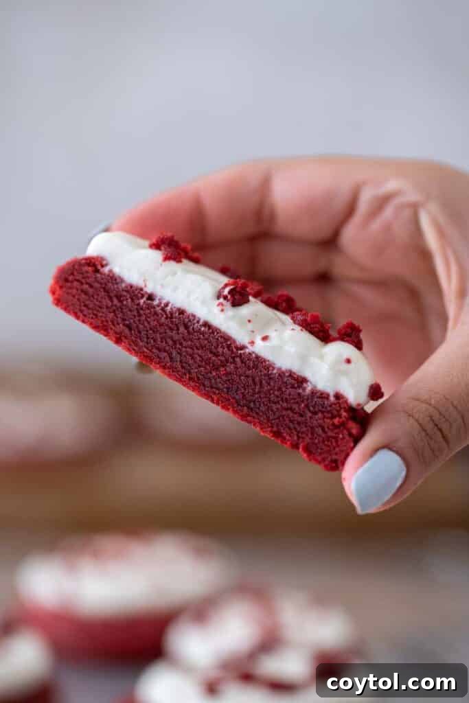 Hand holding Crumbl red velvet cookie sliced in half