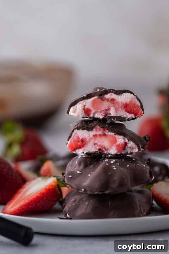 Decadent Chocolate Strawberry Yogurt Bites 11 A stack of several perfectly formed viral chocolate strawberry yogurt clusters, ready to be enjoyed