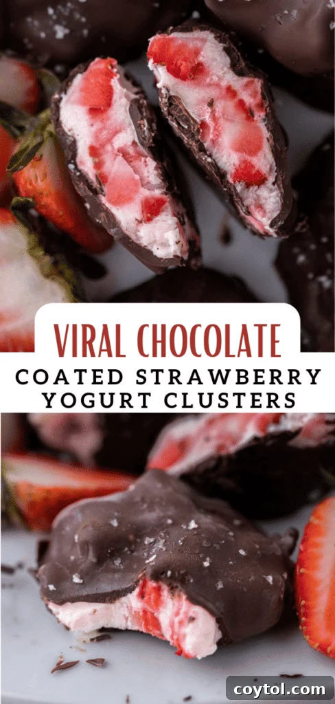 Decadent Chocolate Strawberry Yogurt Bites 13 Appetizing image of chocolate strawberry yogurt clusters on a rustic plate, ideal for social media sharing