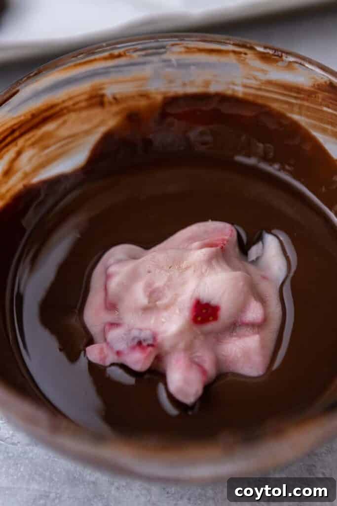 Decadent Chocolate Strawberry Yogurt Bites 9 A frozen yogurt cluster being carefully dipped into a bowl of melted chocolate, ensuring full coverage
