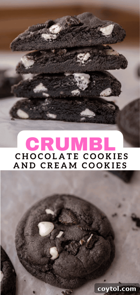 Crumbl Chocolate Cookie Cream Bliss 13 Crumbl chocolate cookies and cream cookies with a bite taken out