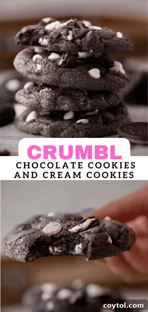 Crumbl Chocolate Cookie Cream Bliss 14 Close-up of Crumbl chocolate cookies and cream cookies with Oreo chunks