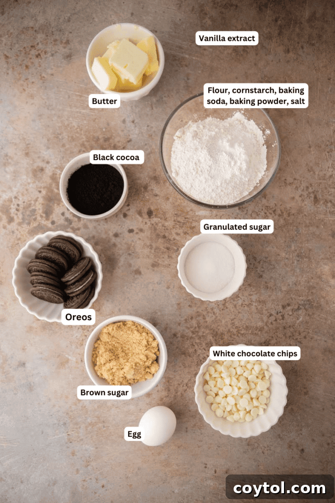 Crumbl Chocolate Cookie Cream Bliss 3 Carefully measured ingredients for homemade cookies and cream cookies on a kitchen counter