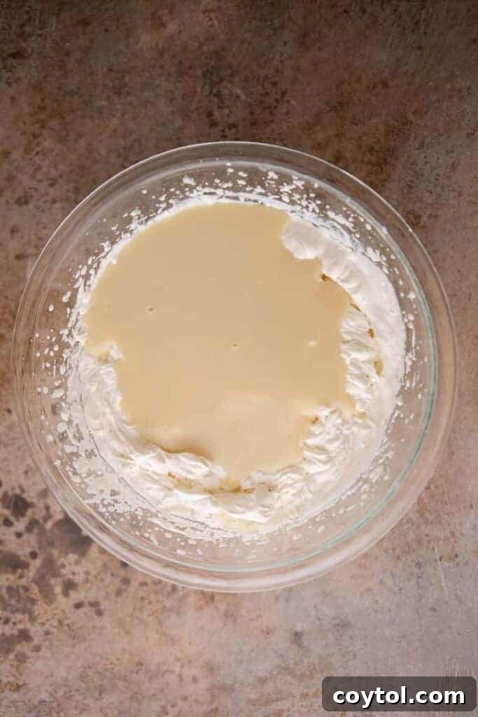 No-Churn Oreo Ice Cream Bliss 5 Whipped cream and sweetened condensed milk on a bowl