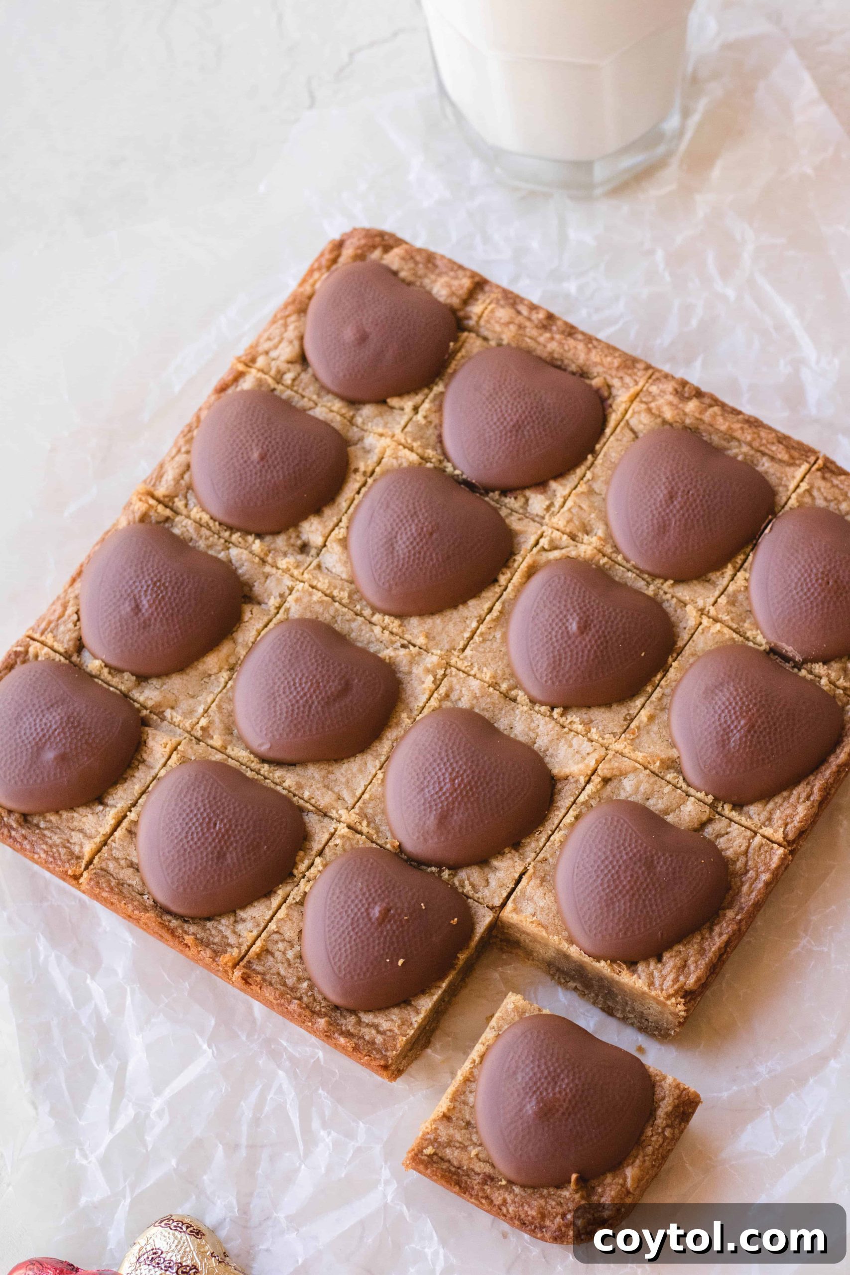 Reese's Heart Peanut Butter Blondies 2 Moist and rich peanut butter blondies topped with Valentine's Reese's hearts