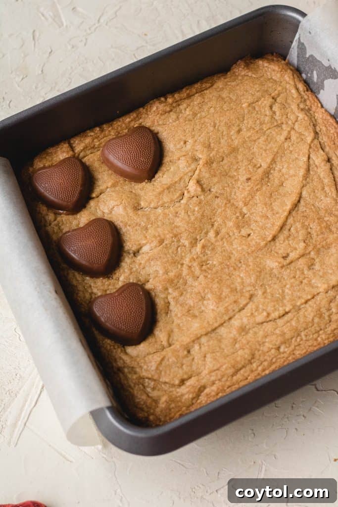Reese's Heart Peanut Butter Blondies 22 Adding Reese's chocolate hearts to warm peanut butter blondies