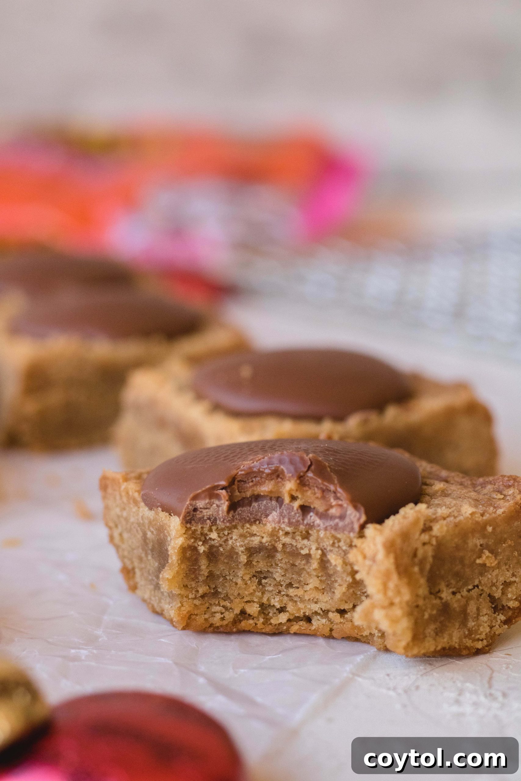 Reese's Heart Peanut Butter Blondies 7 Peanut butter blondies with festive Reese's candies on top