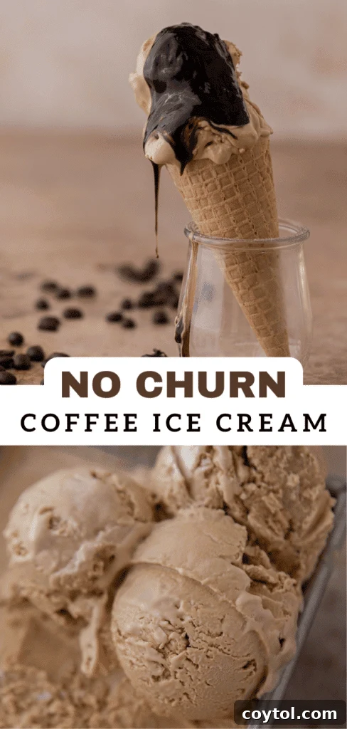 Close-up of the rich texture of no-churn coffee ice cream, a perfect visual for a recipe pin.